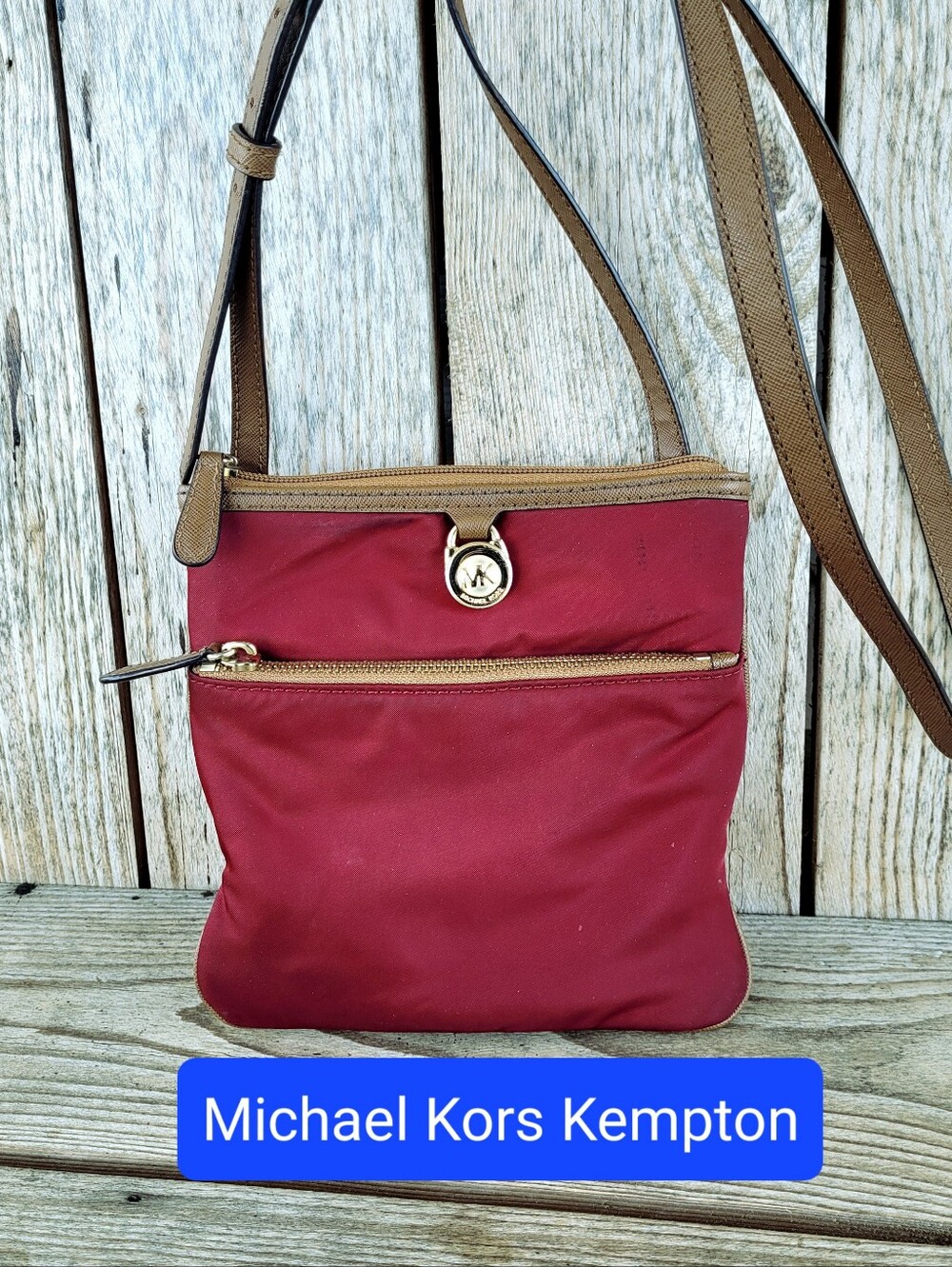 Authentic Michael Kors Kempton Burgundy Canvas Crossbody Handbag